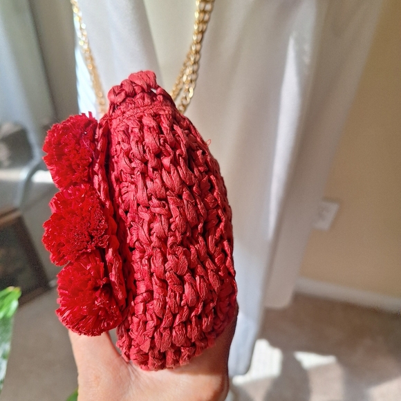 LOFT  Red Paper Straw Pom Pom Small Handbag - Picture 4 of 7